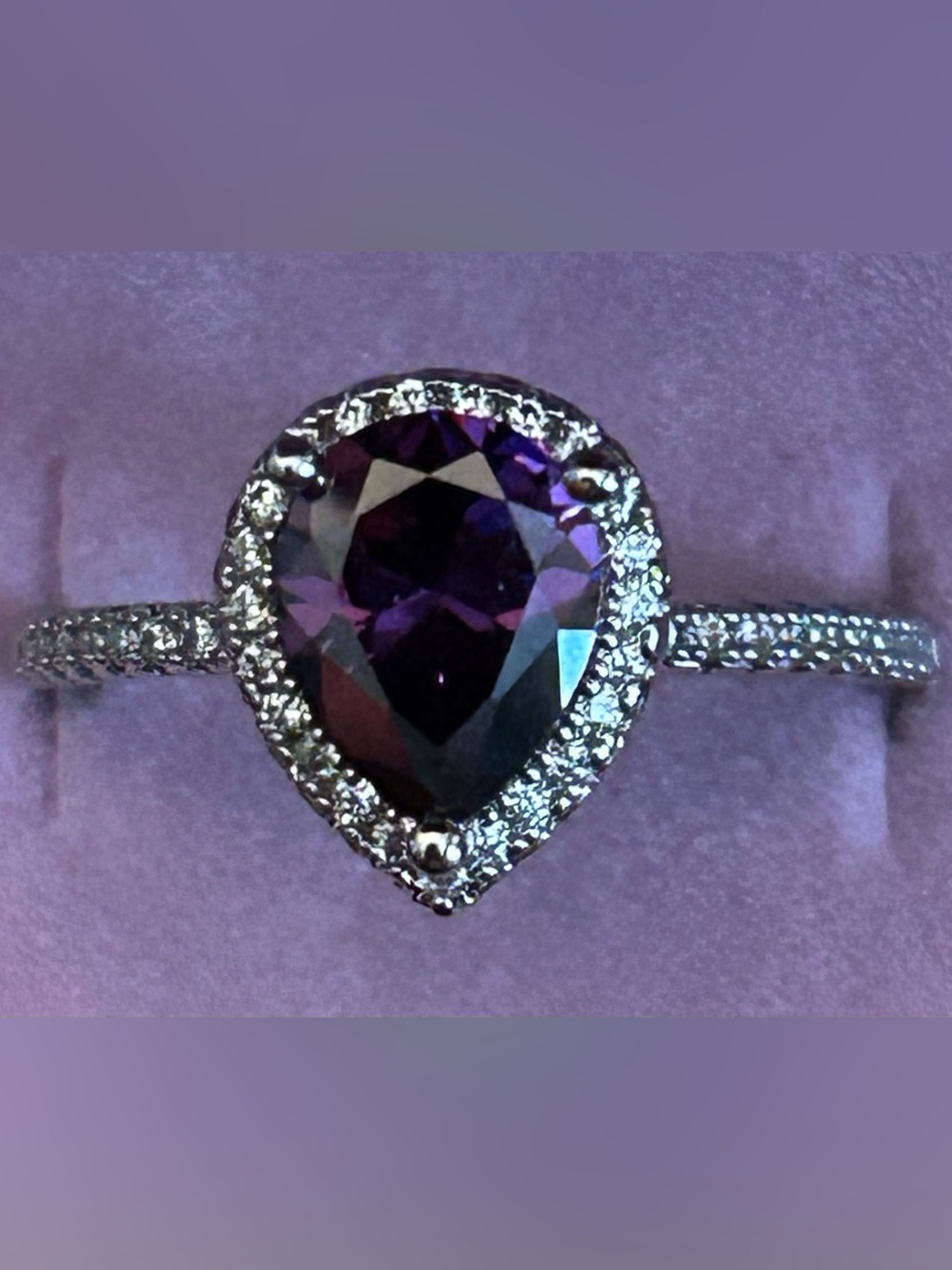 Pear-Shaped Teardrop Purple Crystal Halo Ring in Sterling-Tone Size 8